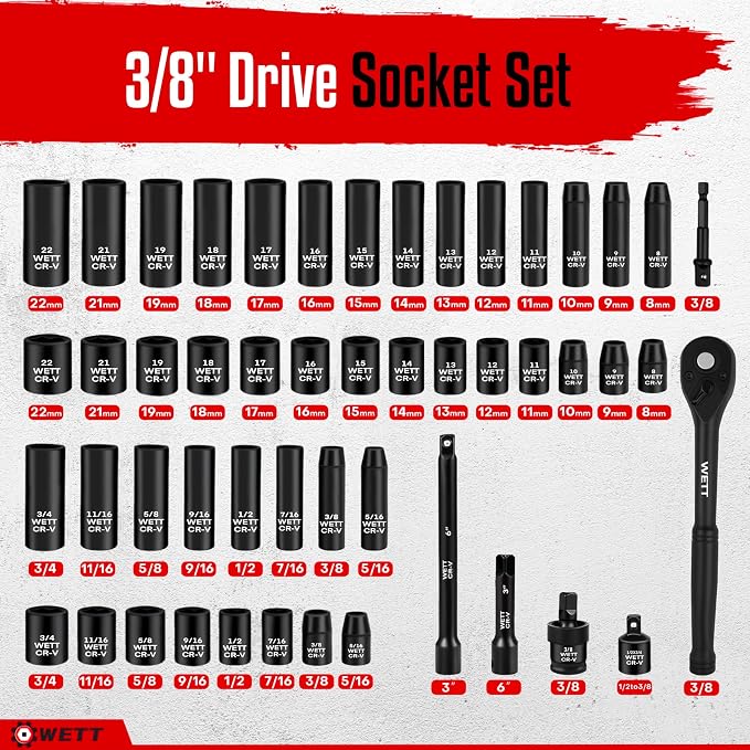 WETT 50Pcs 3/8" Drive Impact Socket Set, SAE/Metric, Deep/Shallow Sockets, with Adjustable Ratchet Handle, Extension Bar, Universal Joint, Adapter & Reducer, Cr-V Steel,(5/16"-3/4", 8-22mm)