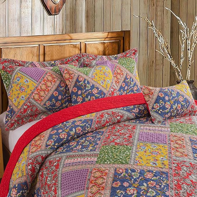 BEDIFANY Cotton Queen Quilt Set - Vintage Farmhouse Bedspread with Vibrant Floral Pattern, 3-Piece Lightweight Coverlet (90x98 Inch) + 2 Pillow Shams, All Seasons Multicolor Quilt Bedding Set
