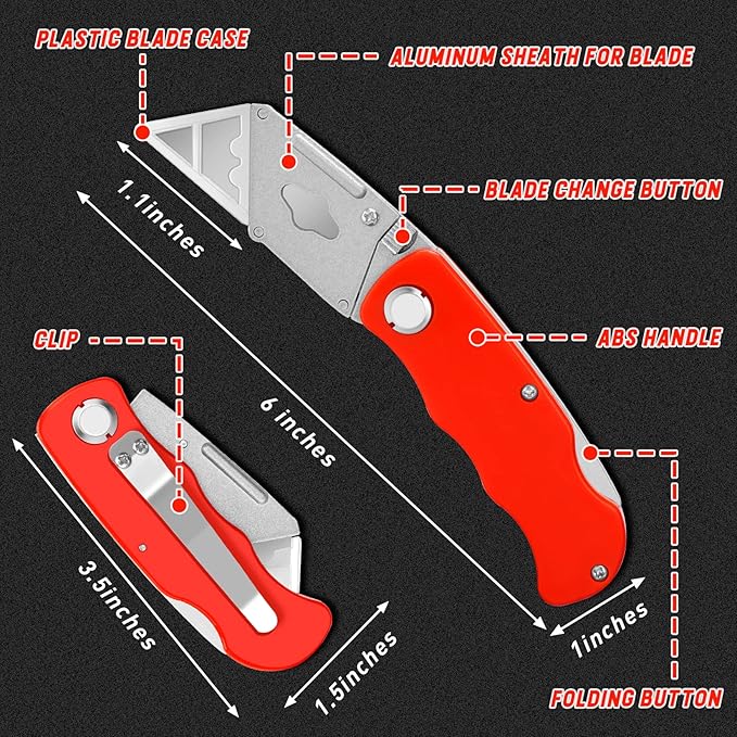 JETMORE 4 Pack Folding Utility Knife Box Cutter Tube Cutters with Extra 10Pcs Blades Cutters for Home Office Warehouse Durable Razor Knife Box Knife Box Opener Box Cutter with Clip Navajas de Trabajo