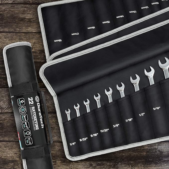 DURATECH 22-Piece Ratcheting Wrench Set, Combination Wrench Set, Metric&SAE | 1/4" to 3/4" & 6mm-18mm, CR-V Steel, Mirror Finish, for Auto & Machinery Repair, Home Maintenance, Portable Pouch Included