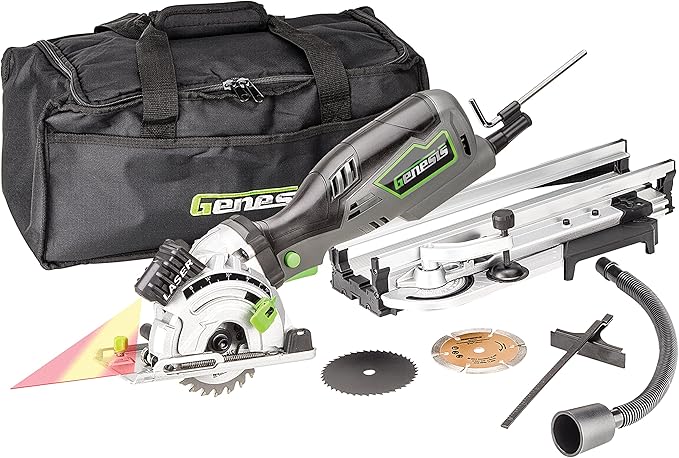 Genesis GPCS535CK 5.8 Amp 3 1/2” Control Grip Plunge Compact Circular Saw Kit with Laser, Miter Base, 3 Assorted Blades, Vacuum Adapter Hose, Rip Guide and Carrying Bag