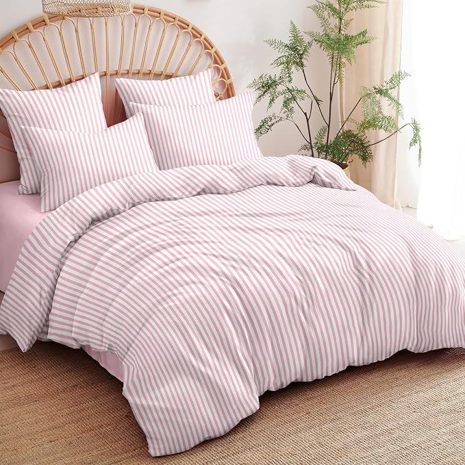 Sedefen Striped Duvet Cover Queen Size Pink Stripes Bedding Set 3 Pcs Kids Boys Girls Women White Geometric Stripe Reversible Soft Microfiber Duvet Cover with 2 Pillowcases
