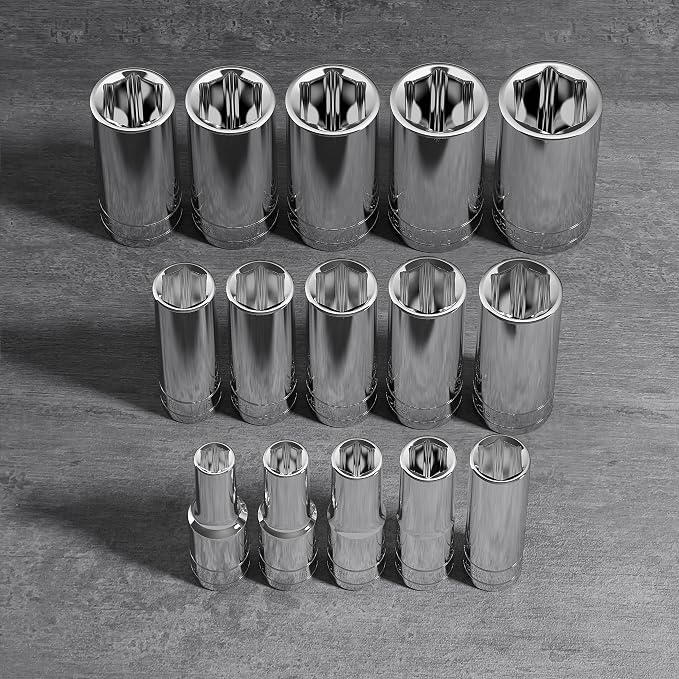 Olsa Tools 1/2-Inch Drive SAE Deep Socket Set - 18pc | 6-Point Chrome Vanadium Sockets, 3/8" to 1-1/4", No Skipped Sizes - Professional-Grade SAE Socket Sets - Part: 1319