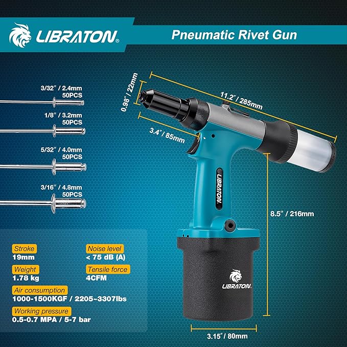 LIBRATON Pneumatic Rivet Gun Kit, Heavy Duty Air Riveter Tool 3/32", 1/8", 5/32", 3/16" with 200 Rivets, Air Hydraulic Pop Rivet Gun for Automotive Repair, Self-Suction Design