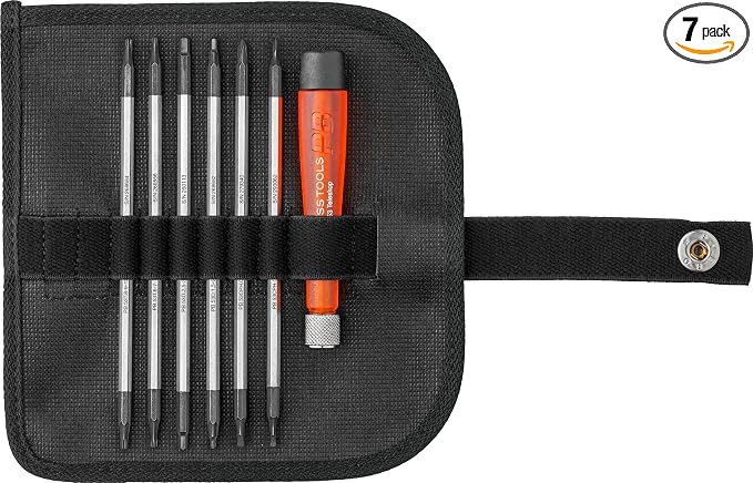 PB Swiss Tools Mini Screwdriver Set PB 513.CBB | 100% Swiss Made | 7-Piece Set with Torx Phillips Slotted Hex Duplex Interchangeable Blades in Leather Rollup Case