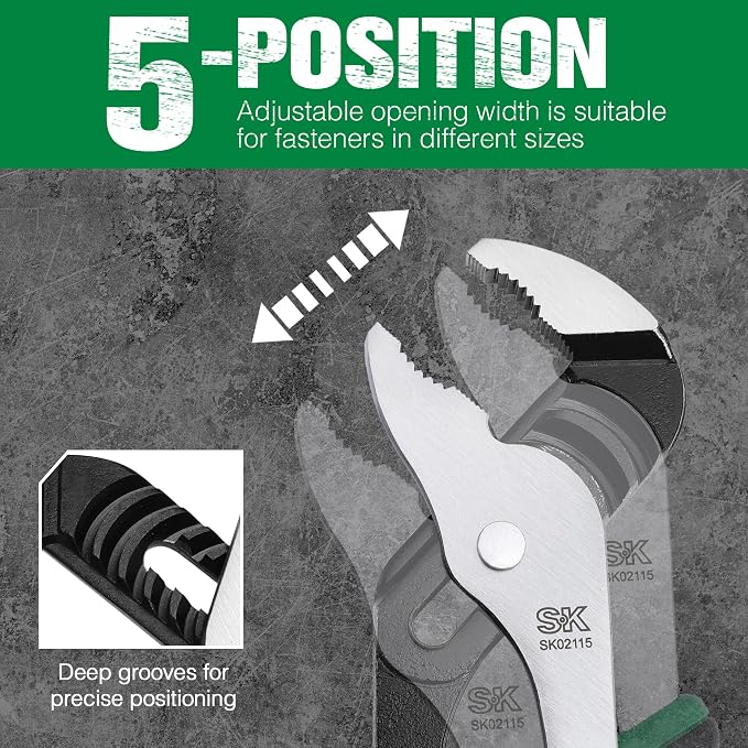 SK 8'' Water Pump Pliers, Serrated Jaws Groove Joint Pliers, CR-V Steel | 5 Positions UP to 1.3'' Jaw Capacity, Ergonomic Anti-slip Handle for Comfortable Grip