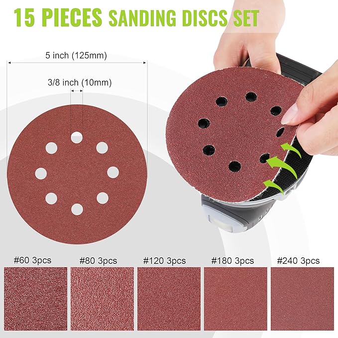 WORKPRO 5-Inch Cordless Random Orbital Sander, 20V Brushless Electric Orbit Sander, 6 Variable Speeds 6000-12000 RPM, Palm Sander with Battery, Dust Collector, 15 PCS Sanding Discs for Woodworking