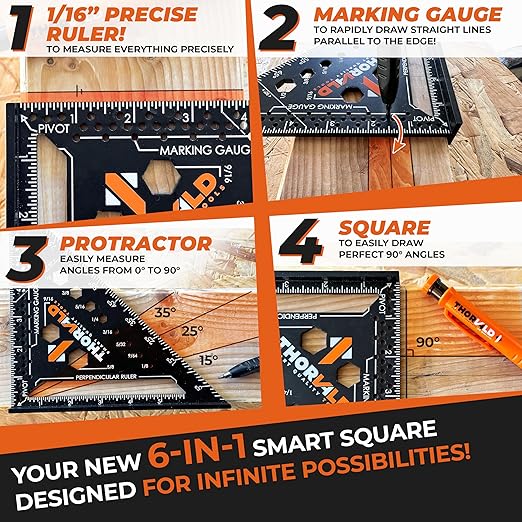THORVALD 6-in-1 Carpenter Square 7 inch (1/16" Precision) - T Square Multi-Purpose Carpenter Tools : Wrench, Square, Protractor, Ruler, Marking Gauge, Drill Gauge