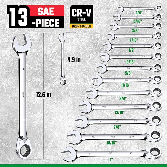 SK Reversible Ratcheting Combination Wrench Set, 13-Piece, SAE 1/4" to 1" | Ratchet Wrenches Set 72-Tooth, Chamfered Head Design, Premium CR-V Steel, with Rack Organizer