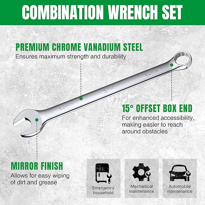 SK Long Pattern Combination Wrench Set, Metric 25 to 32mm, 6-Piece | SuperKrome Finish, Drop Forged Premium CR-V Steel, 12-Point Large Wrenches, 15-Degree Offset, with Rolling Pouch