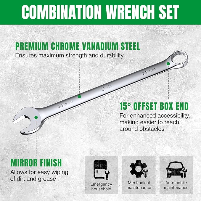SK Combination Wrench Set, Metric 6 to 32mm, 22-Piece, Premium CR-V Steel | SuperKrome Finish, Drop Forged, 12-Point Wrenches, 15-Degree Offset, with Rolling Pouch