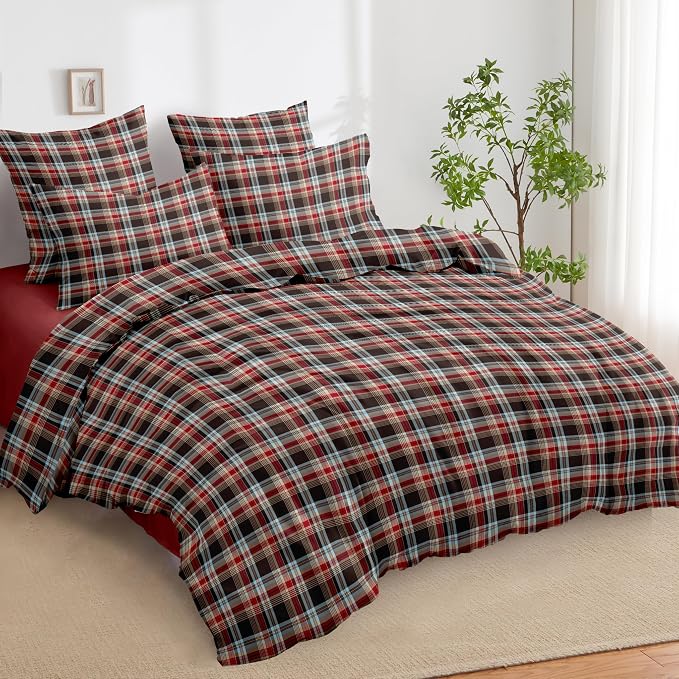 Sedefen Gingham Duvet Cover Queen Vintage Brown Plaid Bedding Set Kids Boys Girls Retro Grid Checked Soft Breathable Duvet Cover Set 3 Pieces