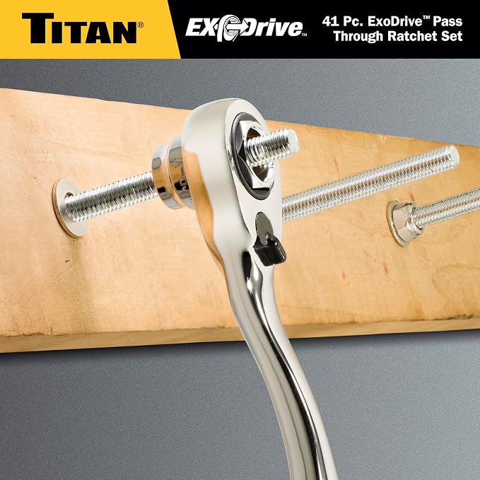 Titan 17441 1/4-Inch & 3/8-Inch Drive 41-Piece ExoDrive Pass-Through Ratchet and Socket Set, Pass-Thru Mechanics Tool Set
