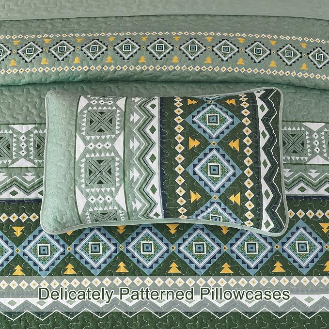 WONGS BEDDING Green Quilt Set Queen Size,3 Pieces Boho Bedspread Coverlet Set,Soft Bohemian Bedding Set Queen for All Season 96"×90"