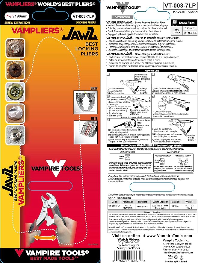 VAMPLIERS 3-PC Specialty Screw Extraction Pliers Set: Includes 7" Slip Joint Pliers, JAWZ 7.5" Vise-Grip Locking Pliers + 6.3" Super Combo Scissors. Made in Japan.