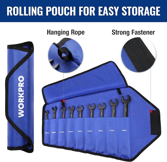 WORKPRO 9-Piece Anti-Slip Ratcheting Combination Wrench Set, Metric | 8-19 mm, 72-Teeth, Black Cr-V Wrenches Set with Roll Up Pouch, Anti-slip Wrenches for Automotive, Garage and Home Repairs