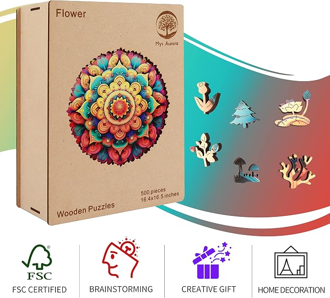 Mys Aurora Unique Wooden Jigsaw Puzzles - Flower Mandala, 500 Pcs King Size 16.5'' x 16.4'', Luxurious Shaped Wood Puzzle, Beautiful Package, Best Gift for Adults and Kids, Family Game