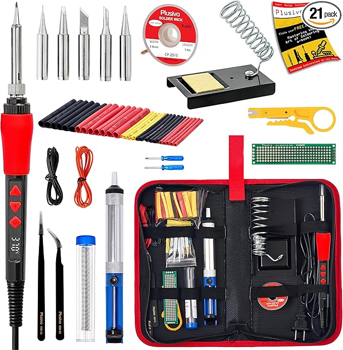 Soldering Iron Kit, 60W LED Display Digital Solder Pen, 5pcs Replaceable Tips, 21-in-1 Fast Heating with Solder Wire, Stand, Desoldering Pump, Wire Stripper, for Electronics Repair Hobby DIY 120V