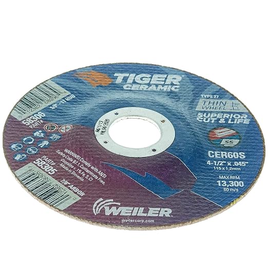 Weiler 58305 4-1/2 Inch Cutting Wheel, Tiger Ceramic Stainless Steel Superior Life & Cut Contaminant Free Max Performance Cutting, .045" CER60S Type 27 7/8" Arbor, Pack of 25