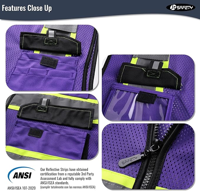 JKSafety Hi Vis Reflective Safety Vests for Men Women High Visibility Vest with Pockets Mesh Fabric Construction Safety Apparel Neon Vest for Work (220-PurpleB L)