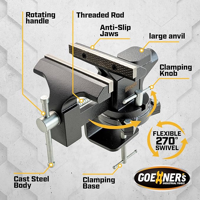 6-Inch Bench Vise, Vice for Workbench with Heavy Duty Forged Steel Construction, Built-in Pipe Jaw and Swivel Base, Table Vise for Woodworking, Home Workshop Use and DIY Job