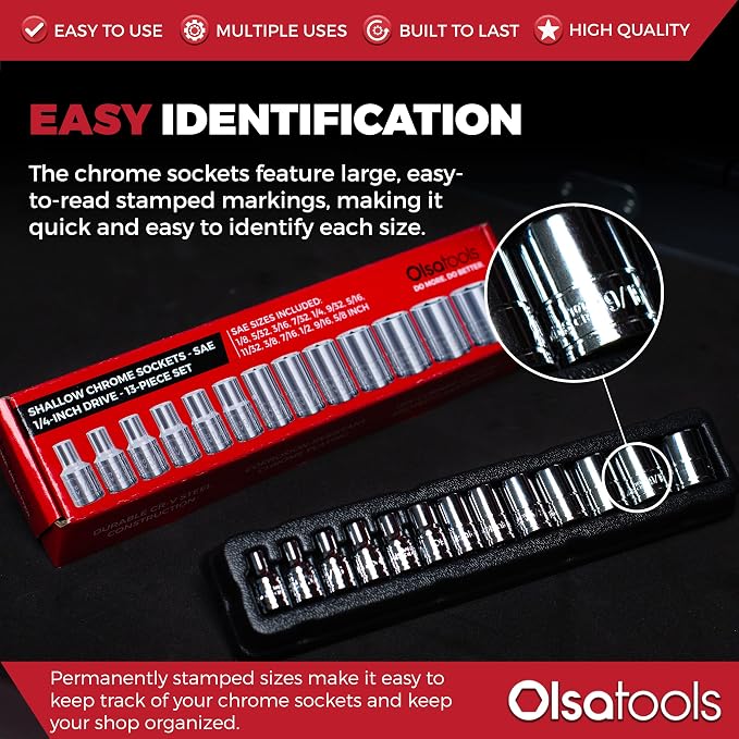 Olsa Tools 1/4-Inch Drive SAE Deep Socket Set - 13pc | 6-Point Chrome Vanadium Sockets, 1/8" to 5/8", No Skipped Sizes - Professional-Grade SAE Socket Sets - Part: 1330