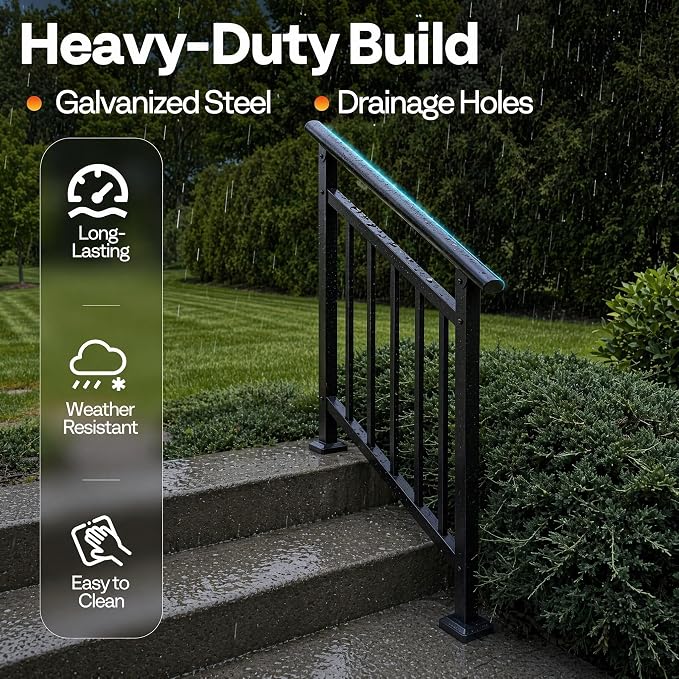 Hand Rails for Outdoor Steps，Stair Handrail & Indoor Stair Railing Kit，Railings for Outdoor Steps for Fence & Outdoor Steps (1, Black-with Balusters, 3 Step)