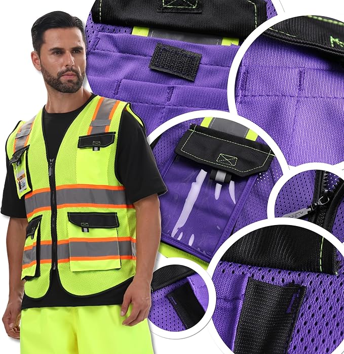 JKSafety Hi Vis Reflective Safety Vests for Men Women High Visibility Vest with Pockets Mesh Fabric Construction Safety Apparel Neon Vest for Work (220-PurpleB XXL)