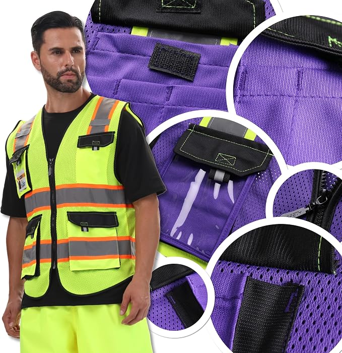 JKSafety Hi Vis Reflective Safety Vests for Men Women High Visibility Vest with Pockets Mesh Fabric Construction Safety Apparel Neon Vest for Work (220-PurpleB L)
