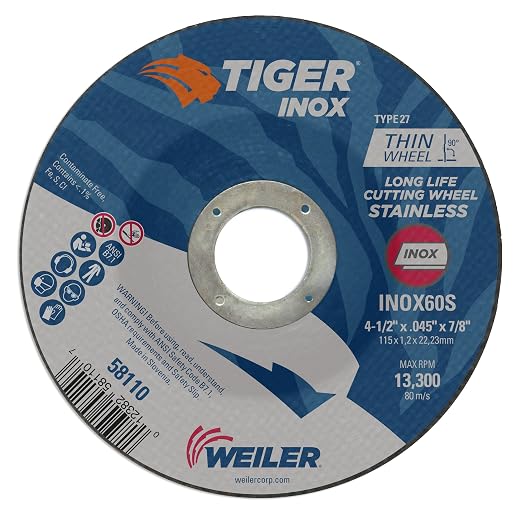 Weiler 58110 4-1/2 Inch Cutting Wheel, Tiger Inox Stainless Steel Contaminant-free High Performance Cutting, .045" INOX60S Type 27 7/8" Arbor, Pack of 25