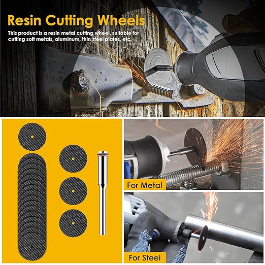 44pcs Gold Cutting Wheel Set Compatible with Plastic for Rotary Tool, HSS Circular Saw Blades 6pcs, Resin Cutting Discs 20pcs, 545 Diamond Cutting Wheels 10pcs