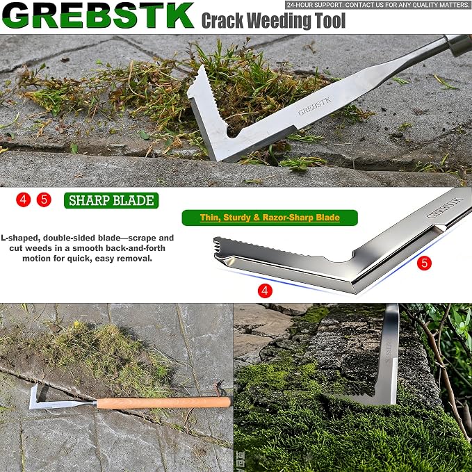 GREBSTK Crack Weeder Crevice Weeding Tool Stainless Steel Manual Weeder Beech Handle Gardening Tool, 22 inch