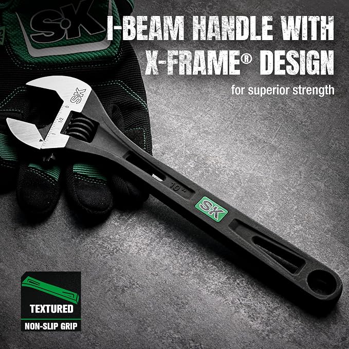 SK 10-Inch Adjustable Wrench, 2.6X ANSI Strength, Black Phosphate Finish | Heavy Duty High-Torque, 1.3'' Jaw Capacity, Premium Cr-V Steel, SAE & Metric Scale