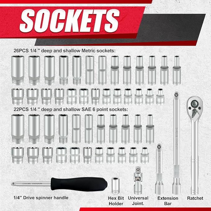 EACELIY 54pcs 1/4" Socket Set,Drive Impact Socket Set, SAE/Metric, Deep & Shallow with Universal Joint,Extension Bars,Hex Bit Holder, Spinner Handle,Ratchet,Cr-V Steel，6 Point，4-14mm，5/32-9/16 inch