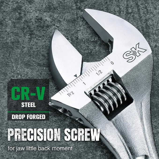 SK 12-Inch Adjustable Wrench, 1-9/16" Jaw Capacity, SAE&Metric Scales | X-Frame Handle, Precision Jaw, Heat Treated CR-V Steel, Chrome-Plated Rust Resistant Finish