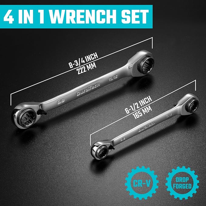 DURATECH 4-in-1 Reversible Ratcheting Box Wrench Set, SAE, 2-Piece | Double Box End, 5/16, 3/8, 7/16, 1/2-INCH & 9/16, 5/8, 11/16, 3/4-INCH, CR-V Steel, Matte Chrome Plated, Rolling Pouch