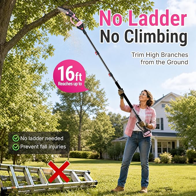 Pink 2-in-1 Cordless Pole Saw for Tree Trimming, 6-Inch Mini Chainsaw with Extension Pole, Battery Powered Pruning Saw for Small Branches, 2 x 4000mAh Batteries, Brushless Motor, Auto Oiler