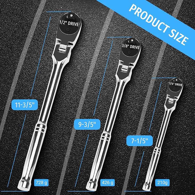 PRIDE&CRAFT 3pc Flex Head Ratchet Wrench Set, 1/4", 3/8", 1/2" Drive, 72-Tooth, Socket Wrench Quick Release Reversible Design, Chrome Alloy Made, EVA Organizer