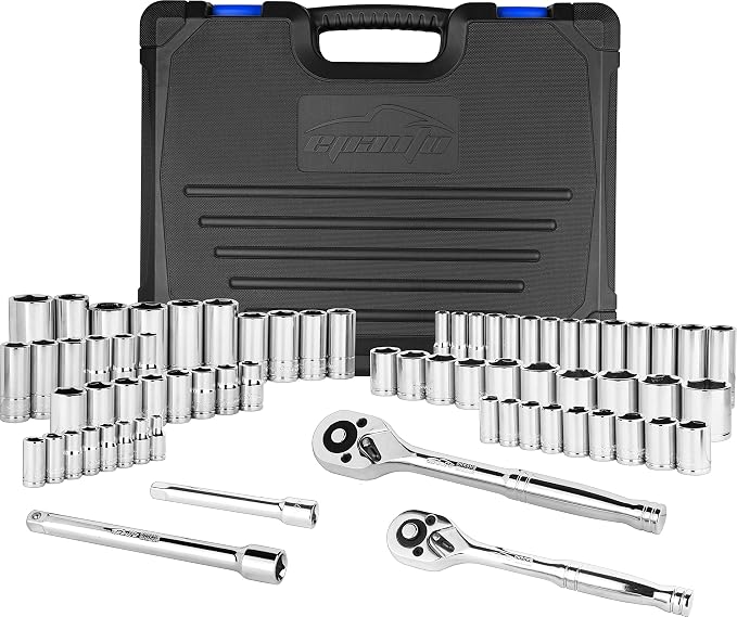 EPAuto 69 Pieces 1/4-Inch & 3/8-Inch Drive Socket Set, Pear Head Ratchet | Chrome (92-824)