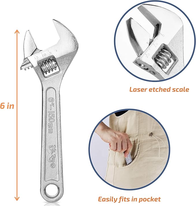 Mr. Pen - Small Wrench, Adjustable, 6 Inches, Hex-Shaped Jaw Opens To 3/4 Inch, Made From Heat Treated Carbon Steel