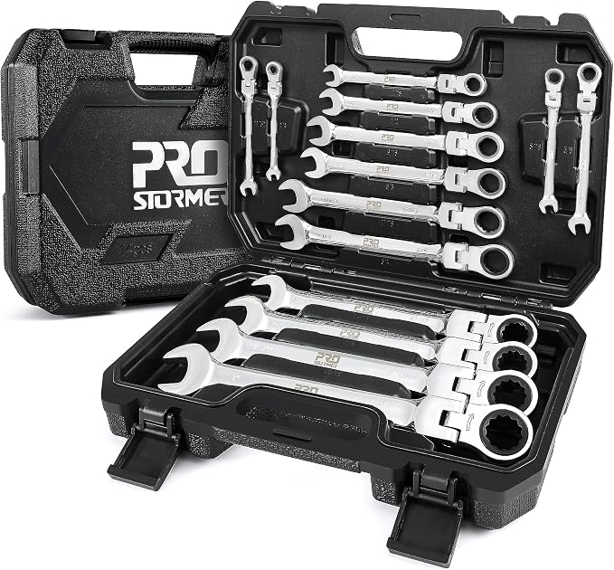 Prostormer 14-Piece SAE Flex-Head Ratcheting Wrench Set | 1/4" to 1", 72-Tooth Ratchet Gear, Cr-V Steel Constructed, Portable Tool Box Included