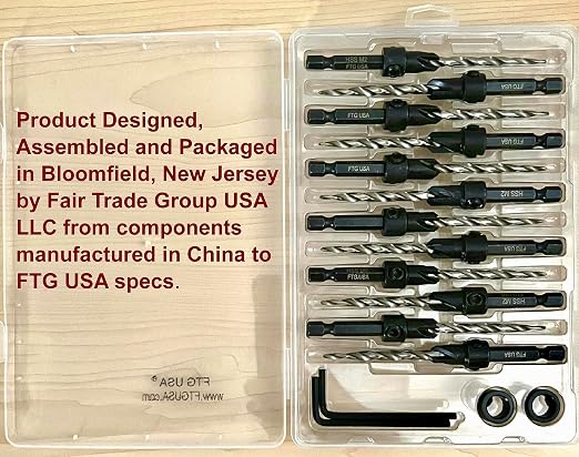 FTG USA 12 Pc #10 (3/16") Countersink Drill Bit Set with Depth Stop Collar, Hex Wrench - Tapered Drill Bits for Wood