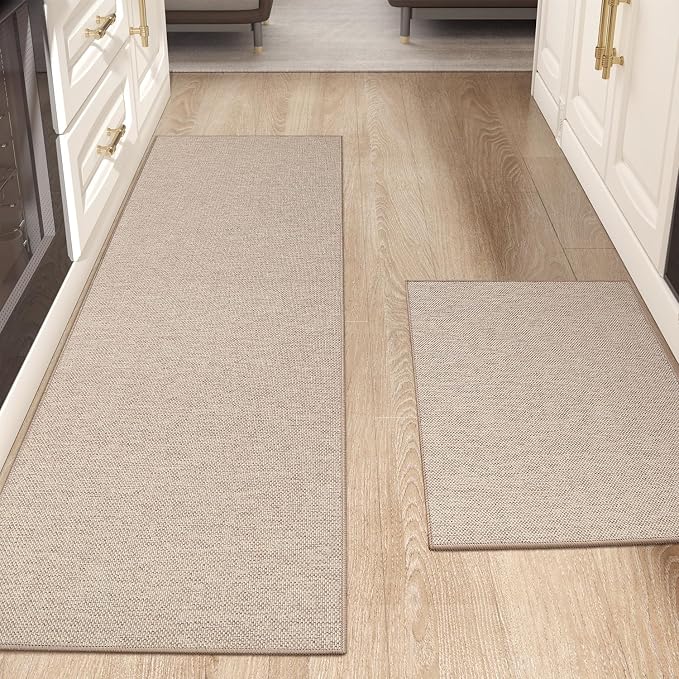 Color&Geometry 2PCS Kitchen Rugs and Mats Non Slip Washable, Absorbent Kitchen Runner, Easy to Clean Kitchen Floor Mats for in Front of Sink, Laundry Room, Hallway, 17"x29"+17"x59", Greige