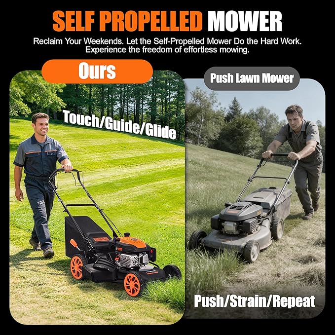 Self-Propelled Gas Lawn Mower - 21 inch with 170cc 4-Stroke Engine, 7-Position Cutting Height, 3-in-1 Versatile Mulching Bagging Discharging, 1.9 Bushels Large Grass Collector, EPA Compliment