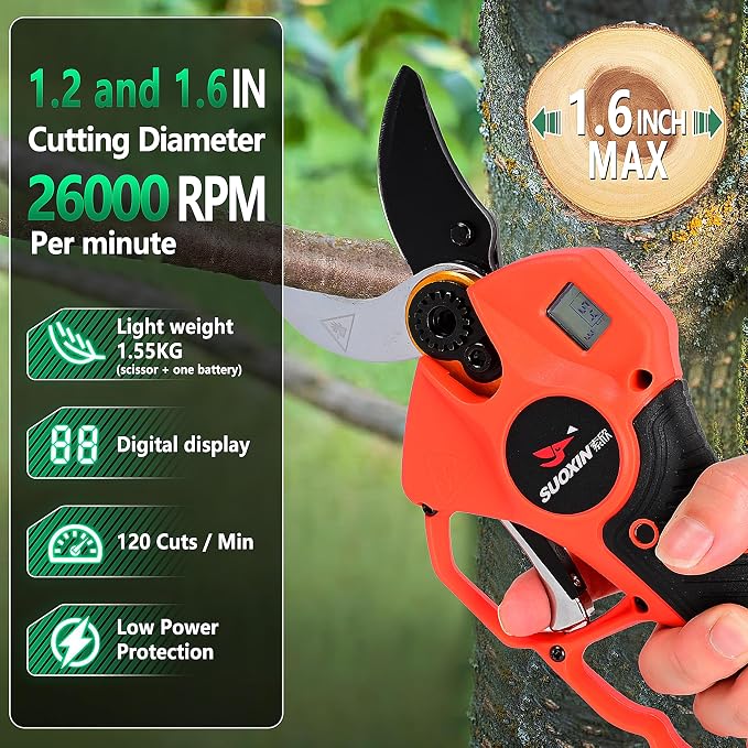 Cordless Electric Pole Pruning Shears,Suoxin 2-in-1 Handheld & Telescopic Tree Trimmer with 6.2FT Foldable Extension Pole, SK5 Blade,1.6" cutting diameter,LCD Display,2×4Ah Batteries for Garden Use