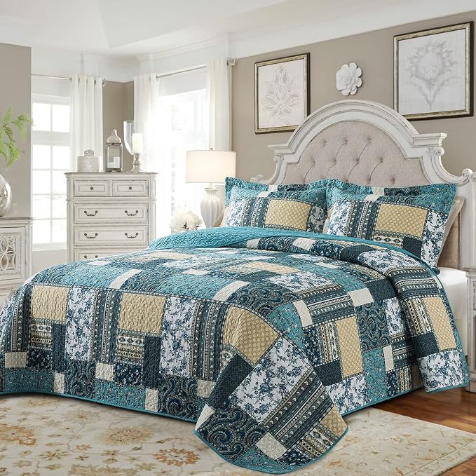 BEDIFANY Cotton King Size Quilt Set, Lightweight Bedspread King Size Coverlet Boho King Quilt, Soft Farmhouse King Quilt Bedding Sets for Bed Decorations for All Seasons (3 Pieces, Blue)
