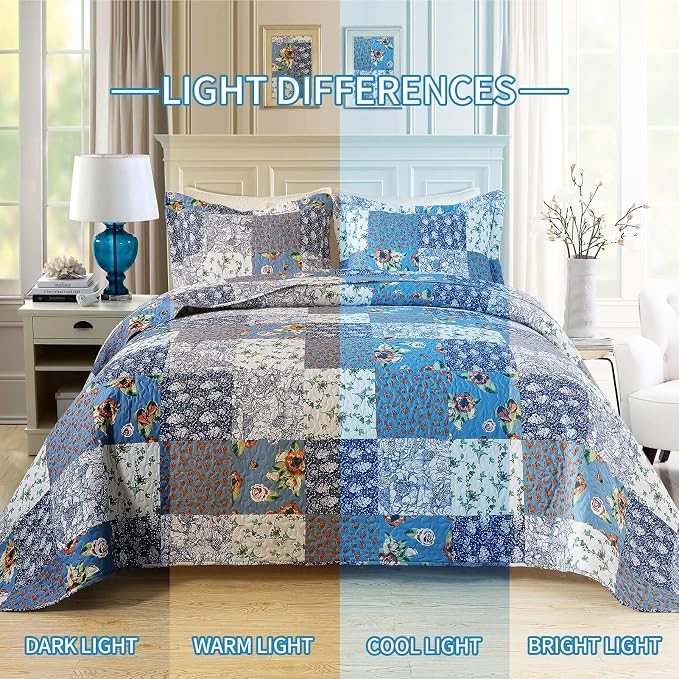 BEDIFANY Quilts Queen Size Bedding Set - Cotton-Filled Lightweight Bedspreads Queen Size (90 x 98 inch) with Garden Pattern - Reversible Farmhouse Queen Quilt Bedding Sets for Decorations, 3 Pieces