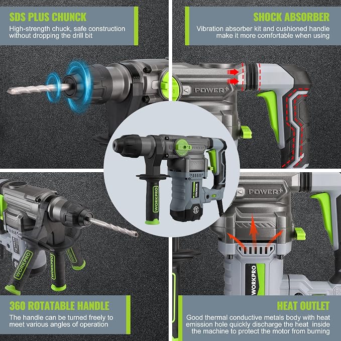 WORKPRO 1-1/4 Inch SDS-Plus Rotary Hammer Drill, 12.5AMP, Heavy Duty Corded Version for Concrete Demolition Chipping Rotomartillo, 5 SDS-Plus Bits