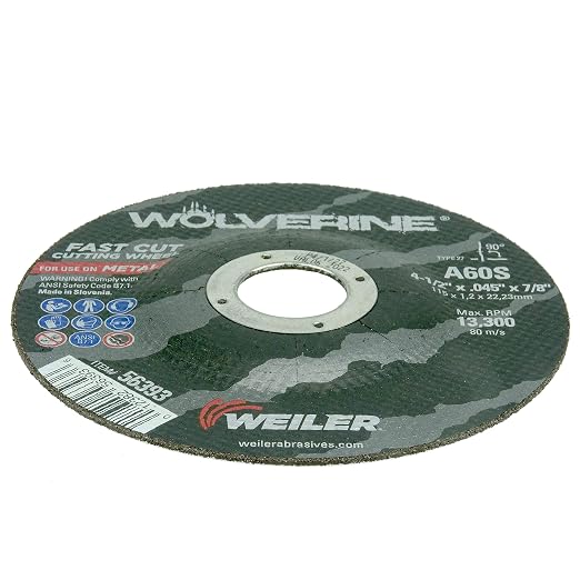 Weiler 56393 4-1/2 Inch Cutting Wheel, Wolverine AO Steel/Metal Fast Cutting, .045" A60S Type 27 7/8" Arbor, Pack of 25