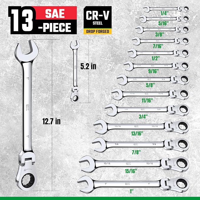 SK Flex Head Ratcheting Wrench Set, SAE 1/4'' to 1'', 13-Piece, 72-Tooth | Ratchet Wrenches Set, Combination Wrench Set, Chamfered Head Design, Premium CR-V Steel, Rack Organizer